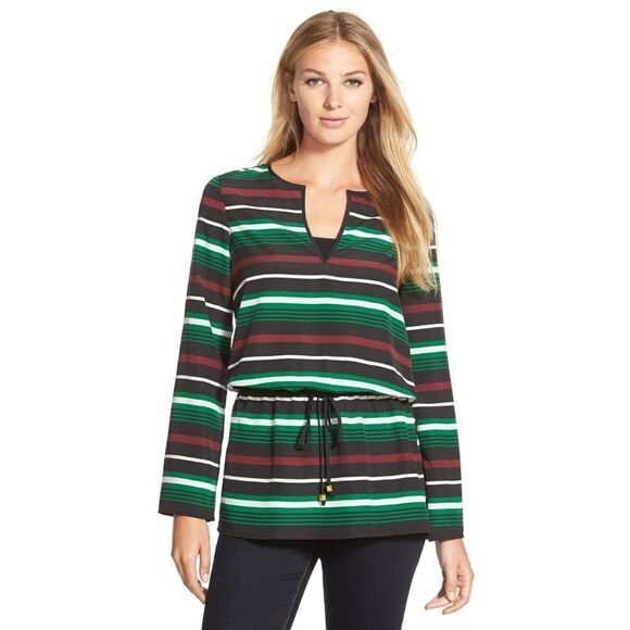 New! MICHAEL KORS Women's Striped Drawstring Top Blouse Tunic XL Long Sleeve - Picture 1 of 5